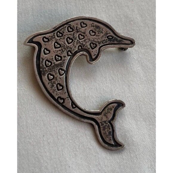 EFS Mexican Silver Dolphin Pin, Dolphin Small Heart Pin, Sterling Silver Sz 1.5” - Picture 3 of 7